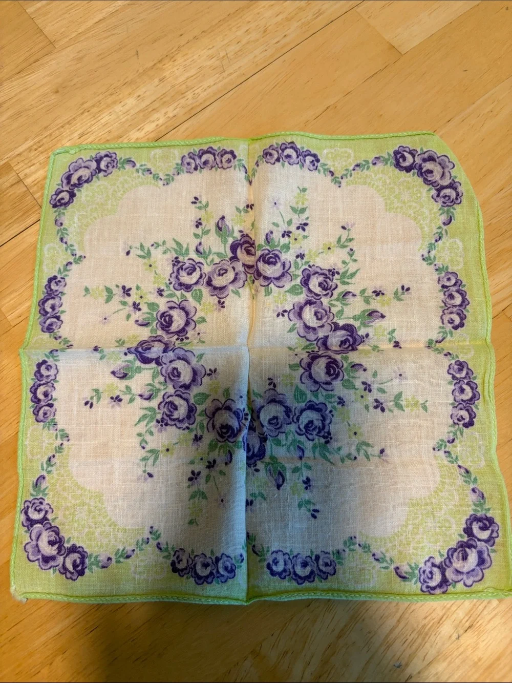 Vintage 1950s Printed Floral Handkerchief - Purple & Mint Green Cabbage Roses,